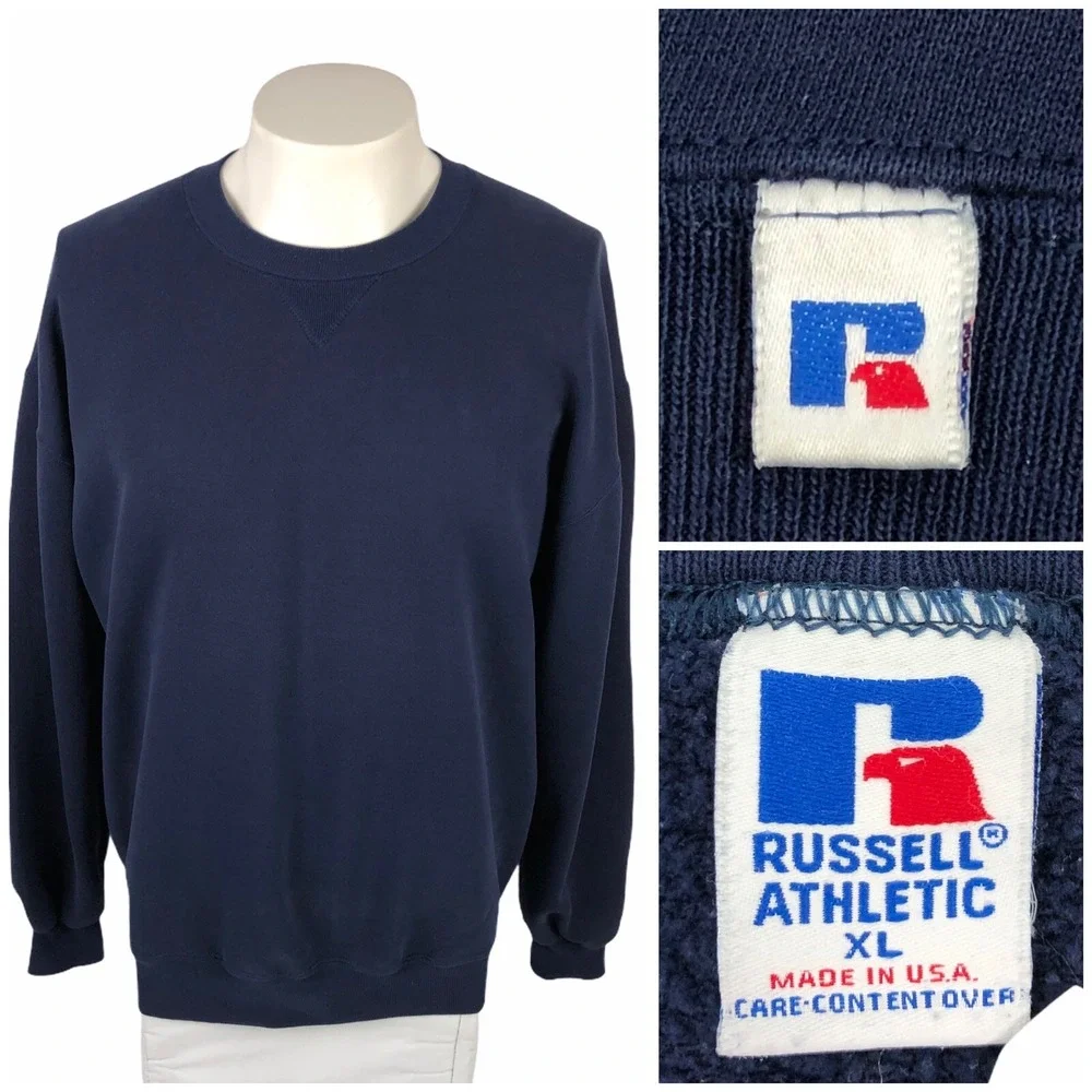 Russell Athletic Mens XL Blank Sweatshirt Crewneck Navy Blue Faded Vintage Gym